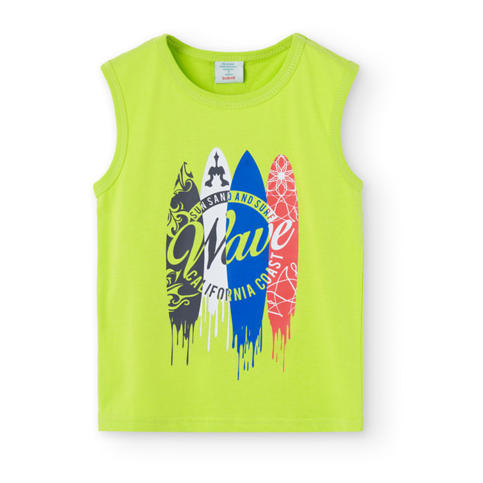 Camiseta sin mangas niño, algodón estampada, verde