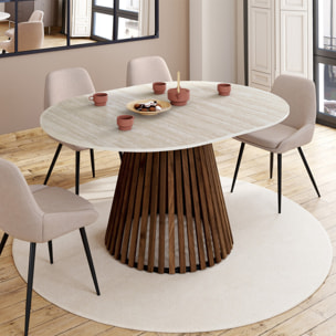 Table à manger ronde extensible Camélia effet travertin et pied lattes Ø110-150cm