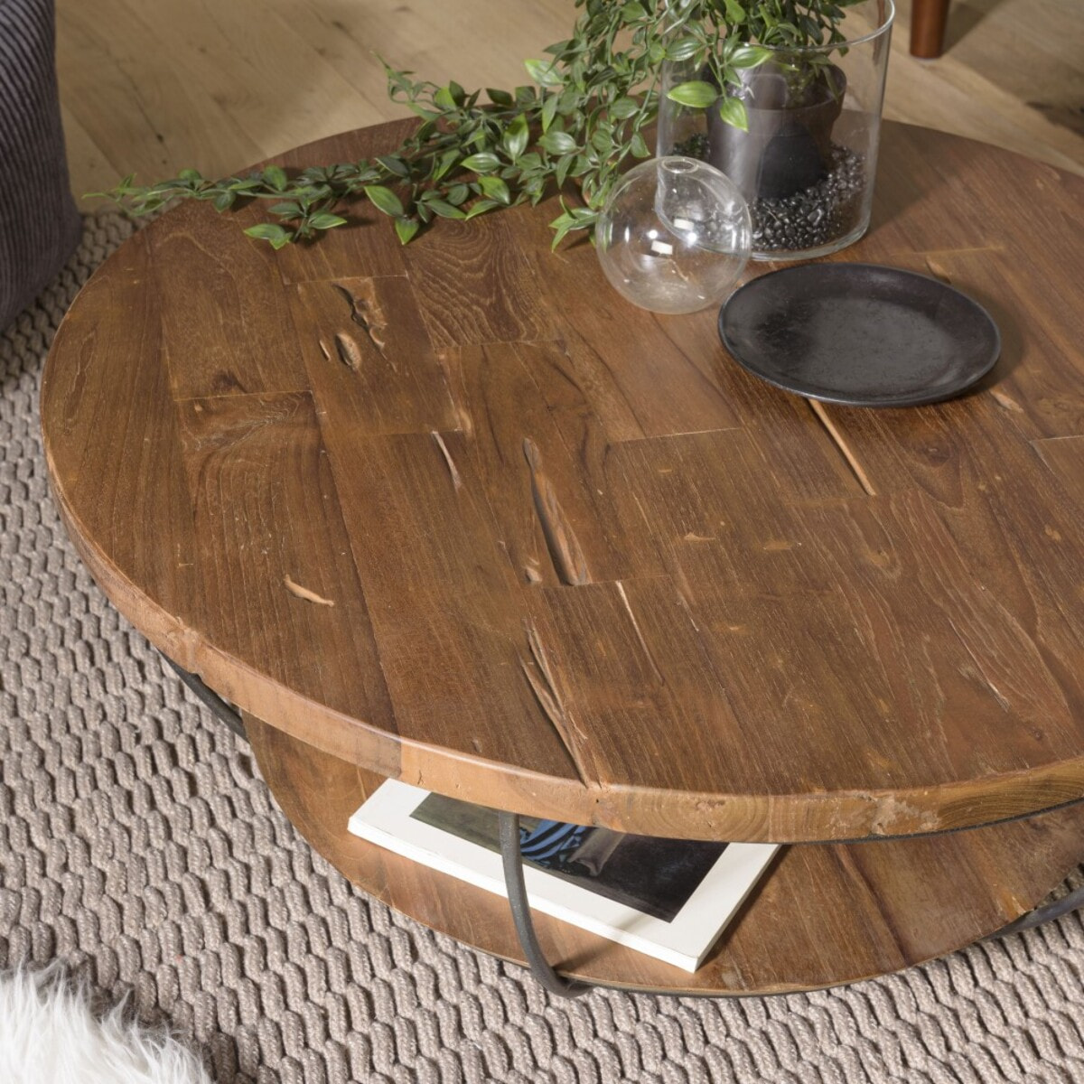 SIXTINE - Table basse coque ronde 80x80cm double plateau teck recyclé métal noir