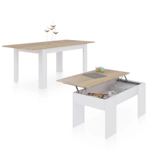 Pack mesa de comedor 140 y mesa de centro Vita Blanco Artik (Blanco Mate) - Roble Canadian