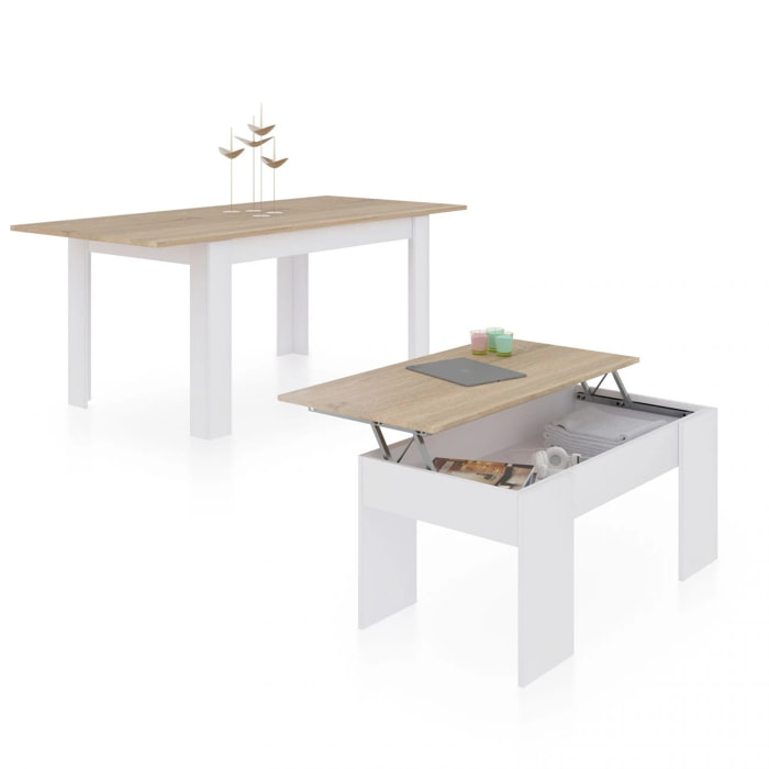 Pack mesa de comedor 140 y mesa de centro Vita Blanco Artik (Blanco Mate) - Roble Canadian