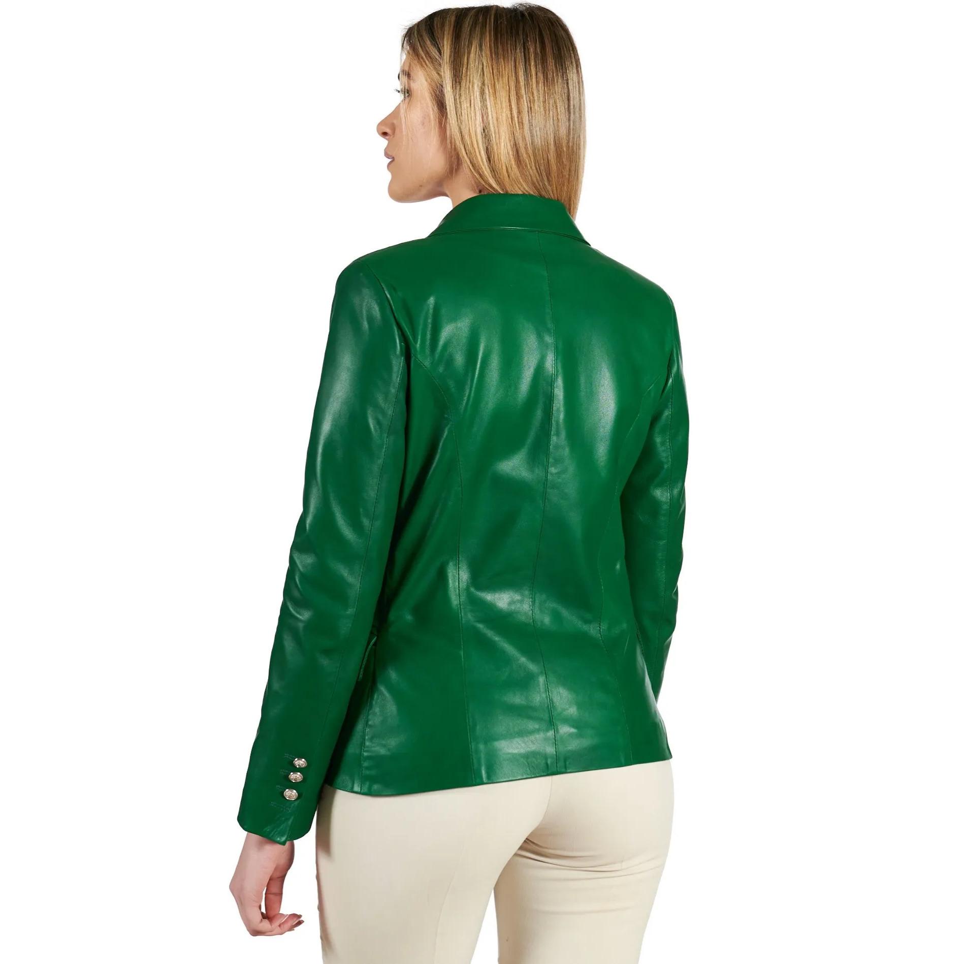 Giacca blazer doppio petto in pelle naturale verde