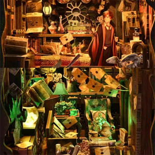 Casa Mágica. Book Nook de madera, diseño 3D realista con gran detalle, cubierta y luces led.