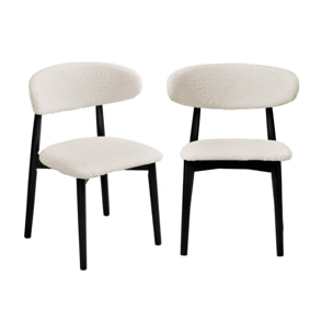 Lot de 2 chaises en bois d'hévéa noir et tissu bouclette blanc crème