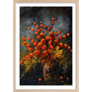 Affiche vase fleurs orange Affiche + cadre en bois - Chêne