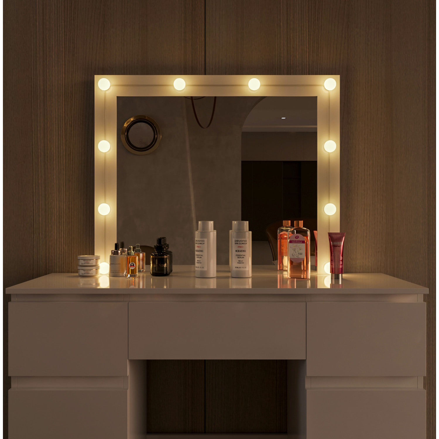 Toeletta Tavolino Da Trucco Tavolo 10 Luci LED Luminosità Regolabile Specchio Orizzontale Con 7 Cassetti Postazione Make Up 39.5x110x140.5 Cm Bianco