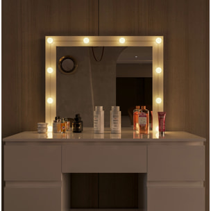 Toeletta Tavolino Da Trucco Tavolo 10 Luci LED Luminosità Regolabile Specchio Orizzontale Con 7 Cassetti Postazione Make Up 39.5x110x140.5 Cm Bianco