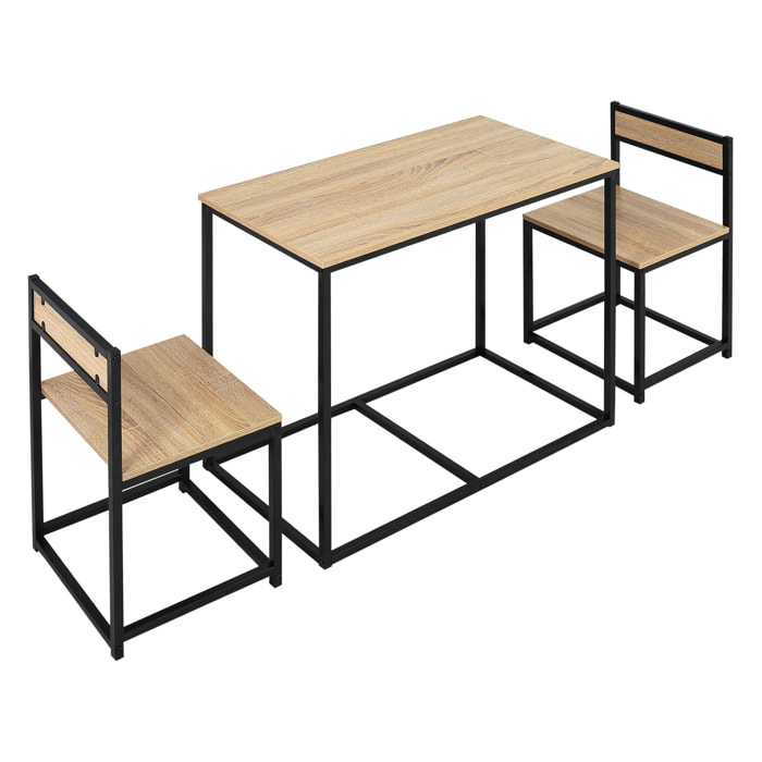 HOMCOM Ensemble table 2 chaises style industriel - set de 1 table + 2 chaises encastrables - métal noir aspect chêne clair