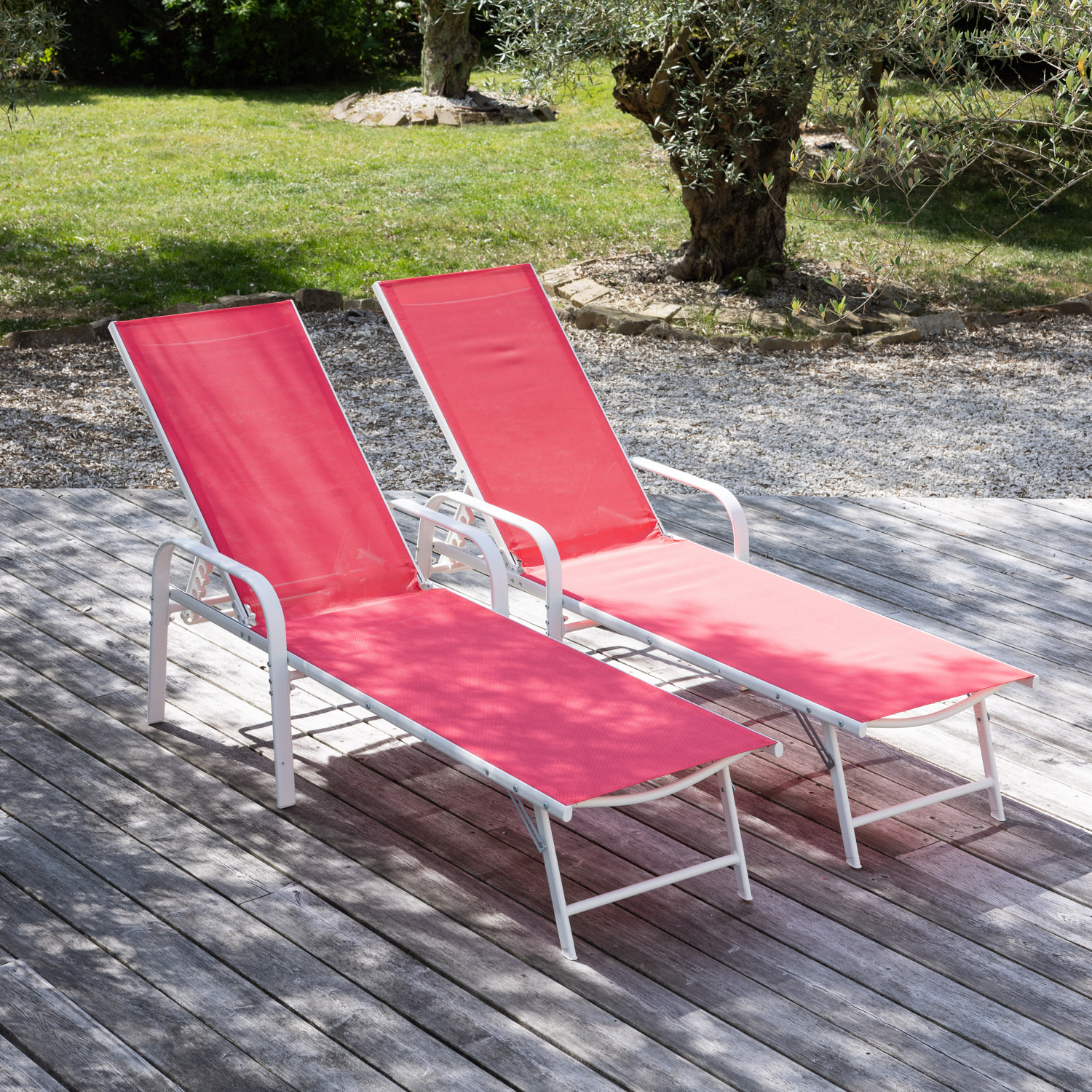 Lot de 2 bains de soleil SARDINIA en textilène rose - structure blanche