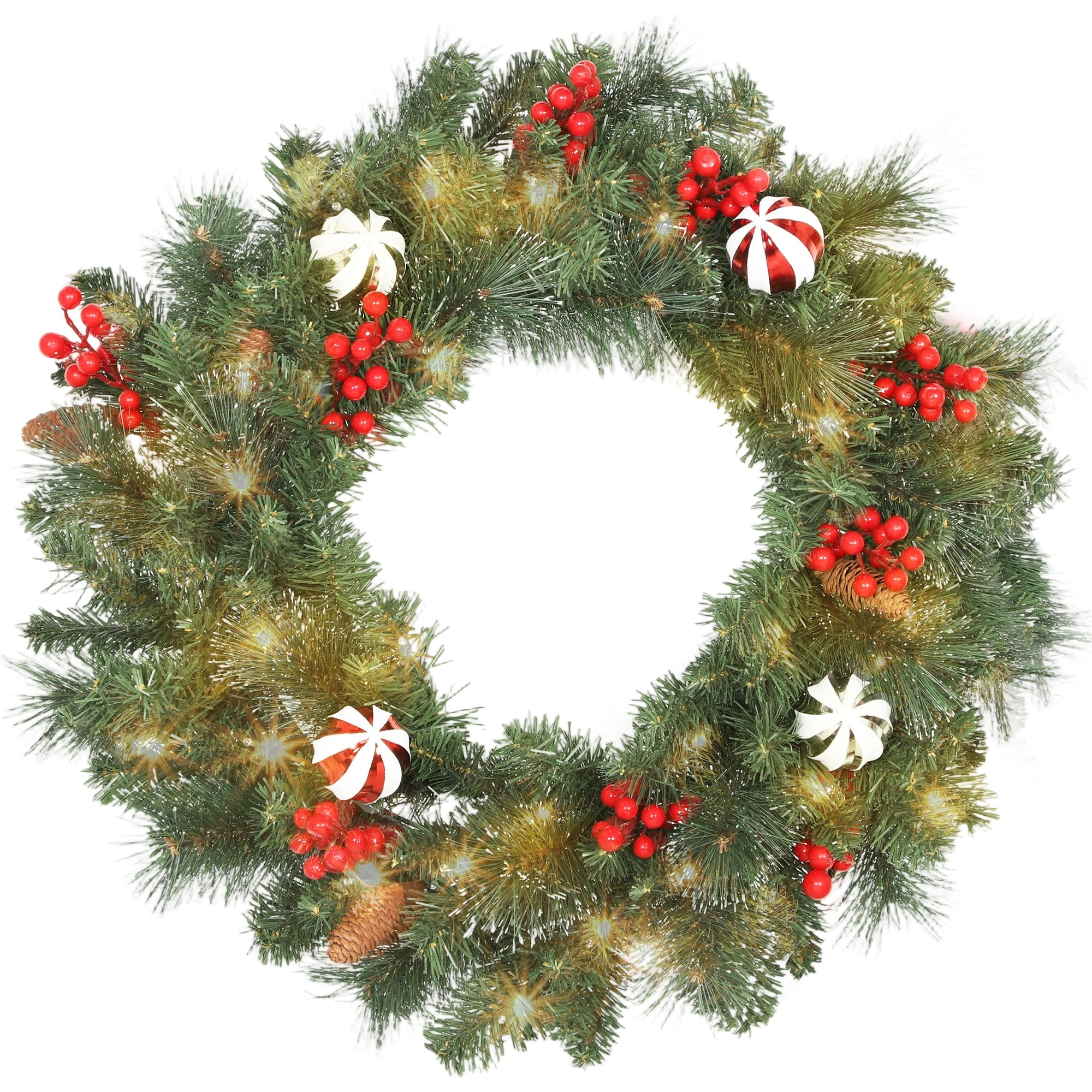 Couronne de Noël lumineuse LED décorée dia. 60 cm 50 LEDs blanc chaud timer vert