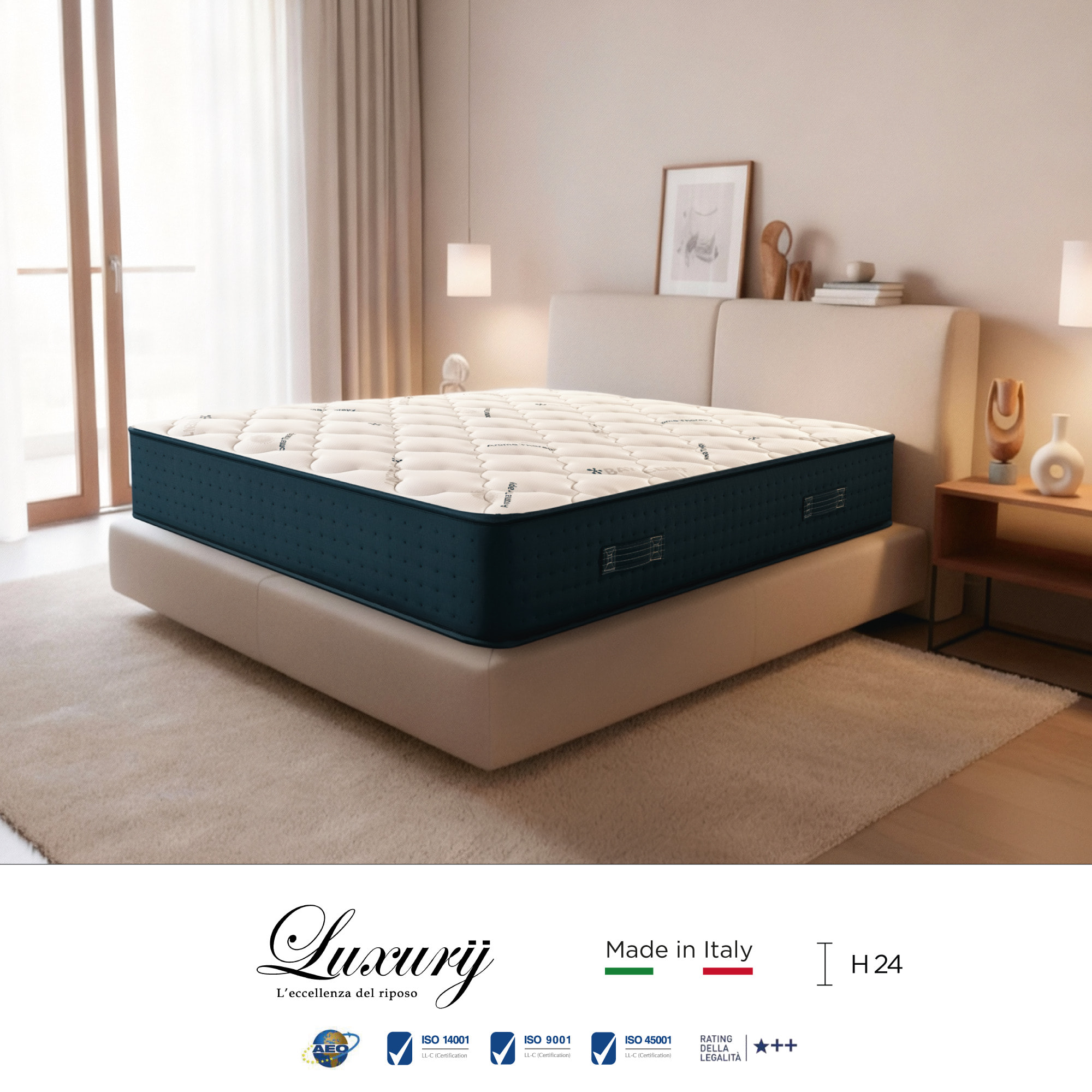 "Capri" H24 cm 80x200 guanciale Memory OMAGGIO in schiuma poliuretano ad alta densità e 5,5cm memory foam