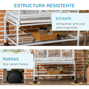 Jaula para Pájaros con Ruedas 83x53x180 cm Pajarera Metálica de 3 Niveles con 3 Perchas Comederos Juguetes Rampas y Estante de Almacenamiento para Canarios Periquitos Blanco