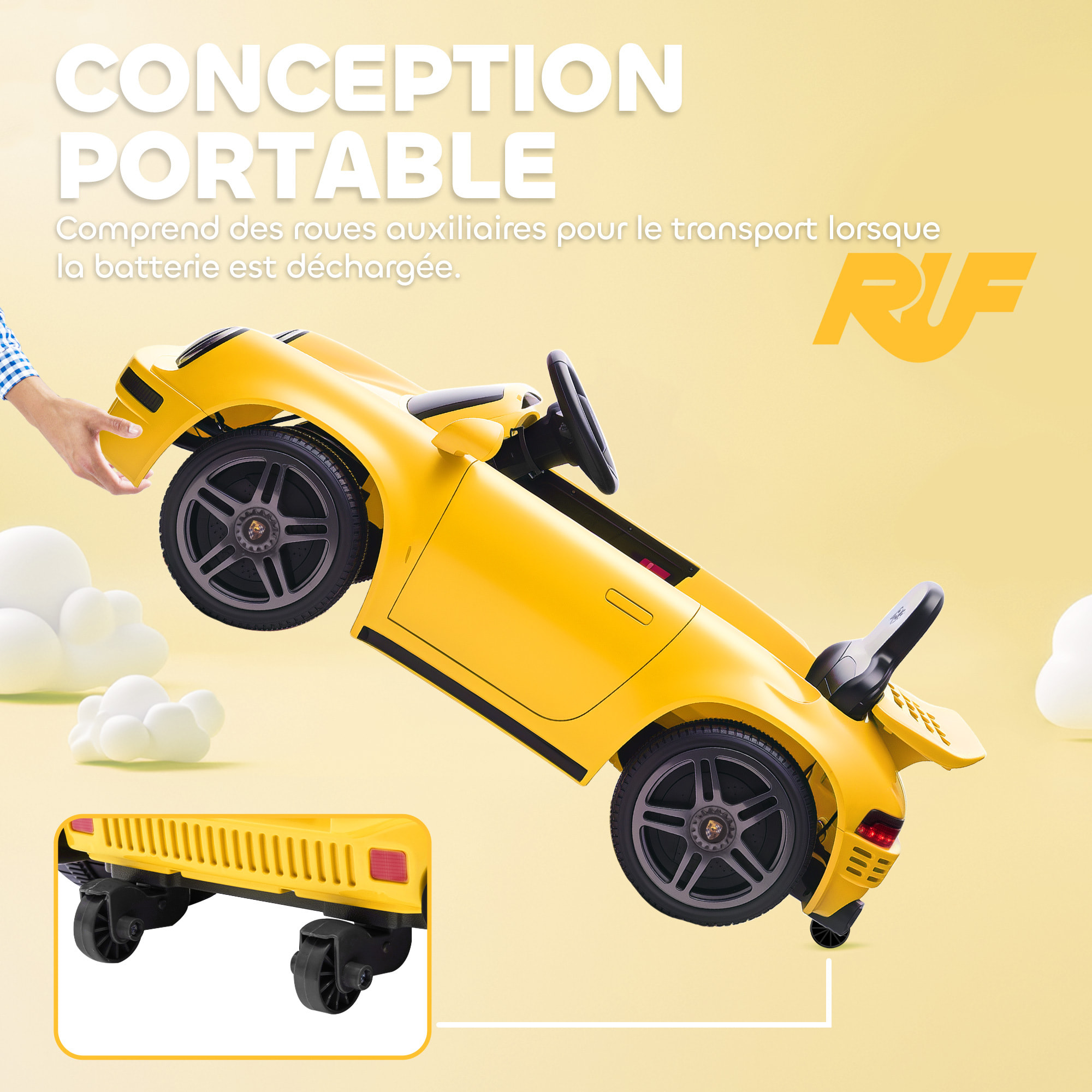 Voiture électrique enfant licence officielle RUF CTR 2017 12V 5Km/h max. télécommande nombreux effets jaune