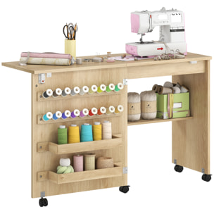 Table de couture pliable mobile 2 bacs 18 porte-bobines étagère naturel