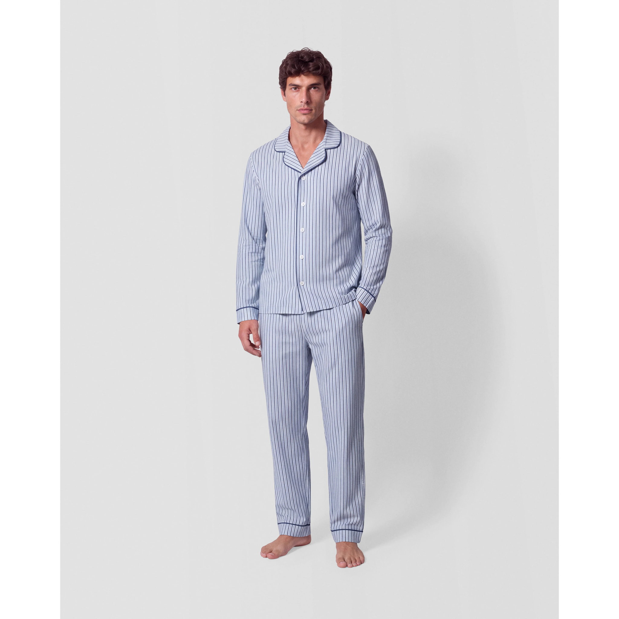 Pijama largo camisero algodón raya hermes azul marino