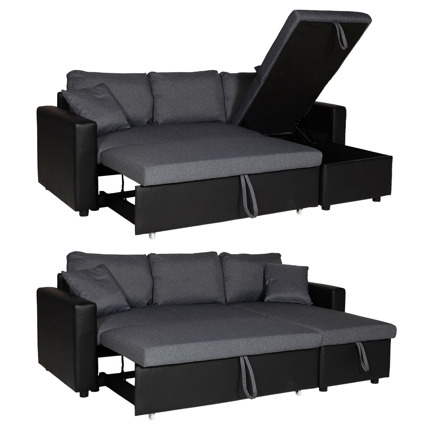 Canapé d'angle convertible CLARK 3 places gris chiné et noir