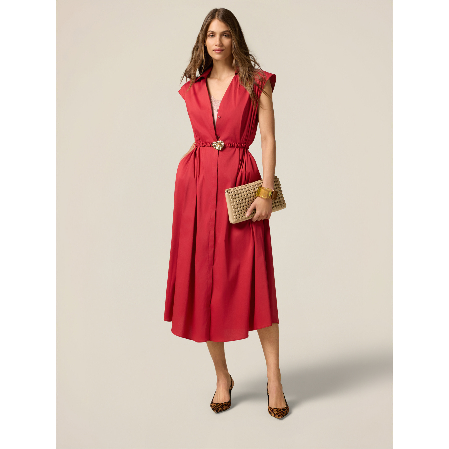 Oltre - Camisa midi de popelina con cinturón - Rojo