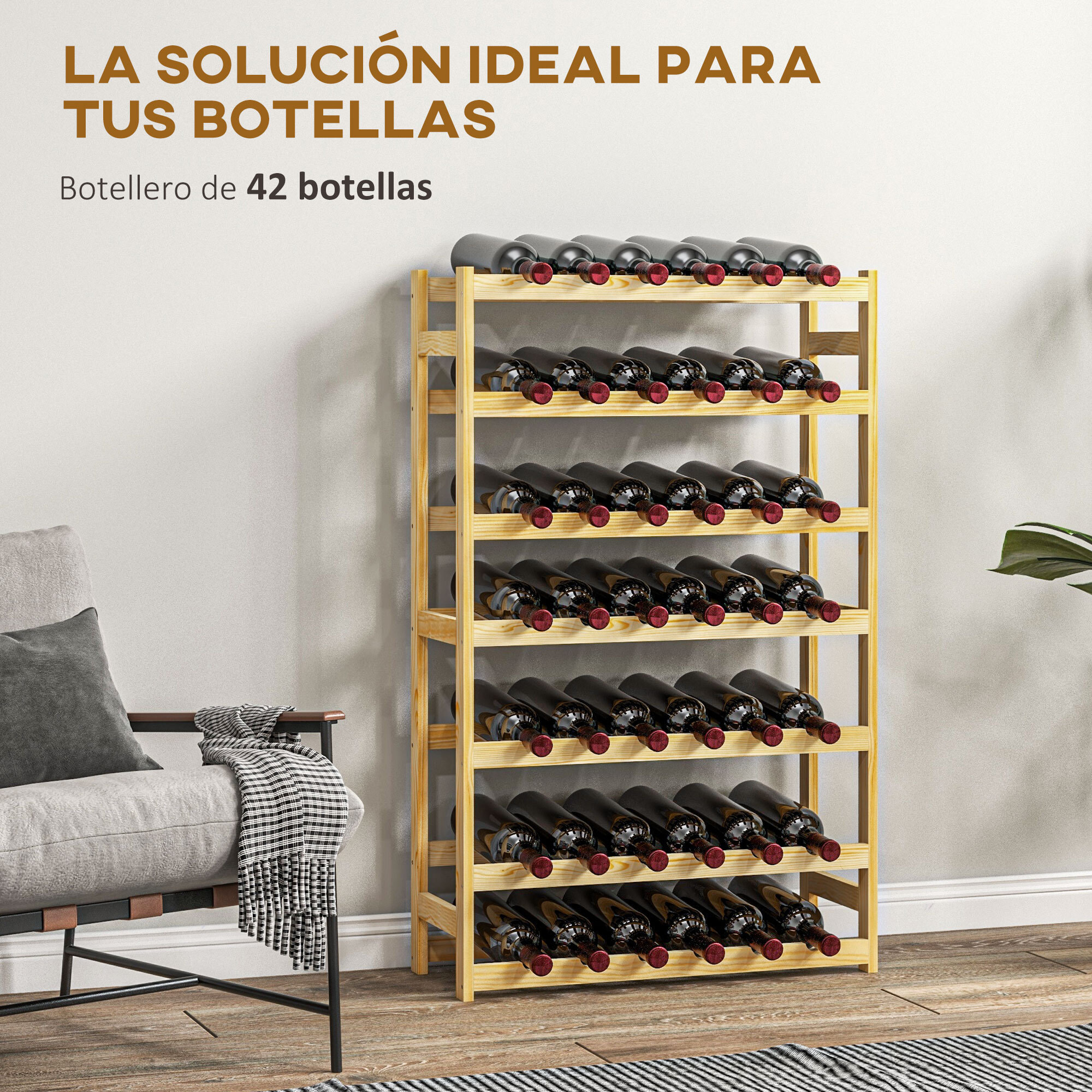 Botellero de Madera para 42 Botellas, Botellero para Vino de 7 Niveles, para Cocina, Comedor, Bar, 63x25x102 cm, Natural