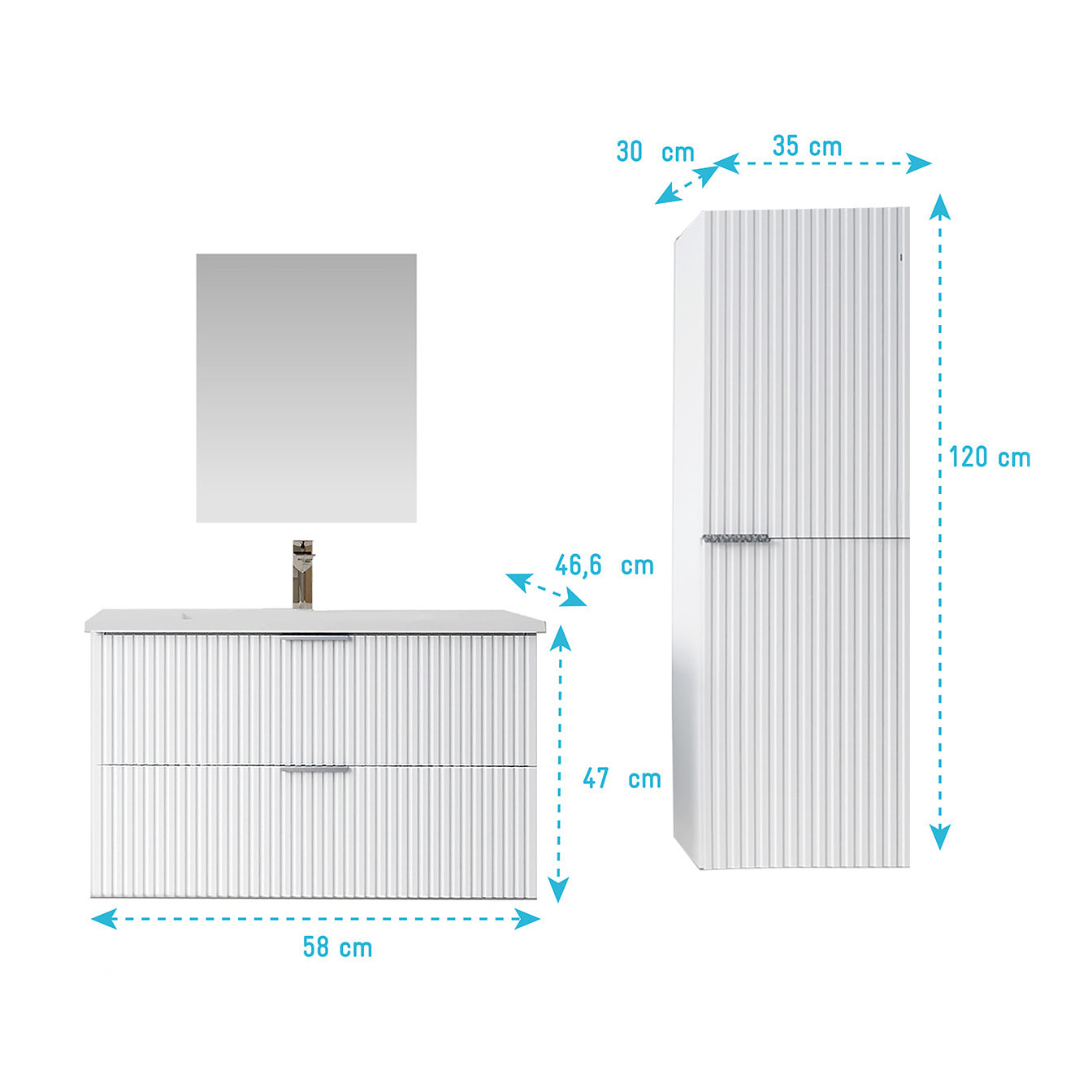 Pack Meuble salle de bain 60cm et Colonne de rangement - Façades Blanches Ondulées - MILO