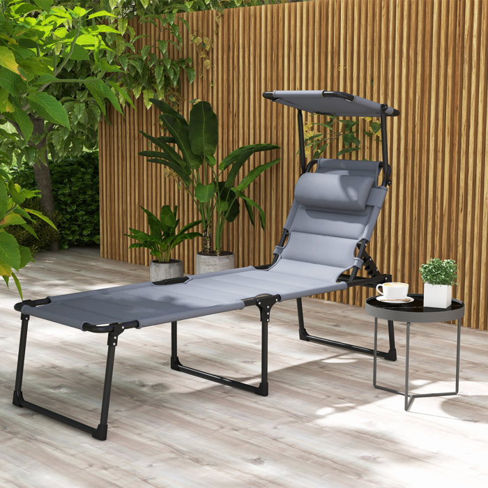 Tumbona Plegable Tumbona de Jardín con Toldo Ajustable Respaldo Regulable en 4 Niveles y Reposacabezas para Terraza Piscina 70x200x45 cm Gris