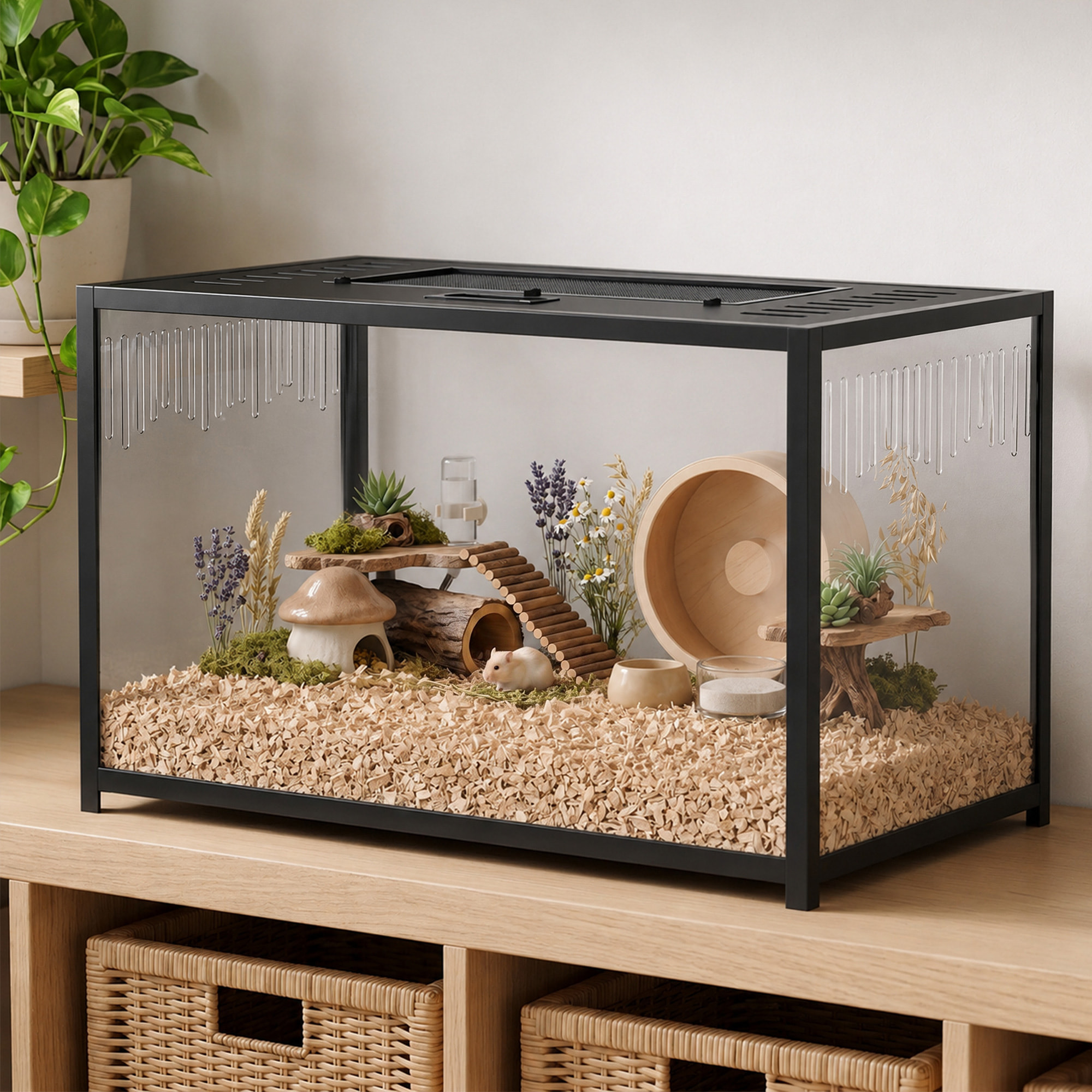 Cage hamster design transparent noir - 80x45x50cm - acrylique métal noir