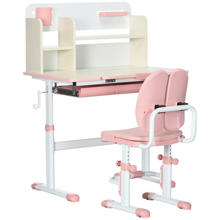 Juego de Escritorio y Silla para Niños de +3 Años Pupitre Infantil Altura Ajustable con 1 Cajón 1 Estante para Libros y Tablero de Mesa Inclinable 80x52x88-109 cm Rosa y Blanco