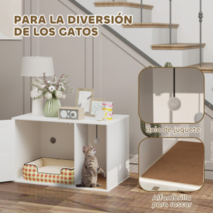 Mueble Arenero para Gatos Caja de Arena para Gatos con Almohadilla para Rascar y Puerta de Ratán para Salón Dormitorio 80x50x50 cm Blanco