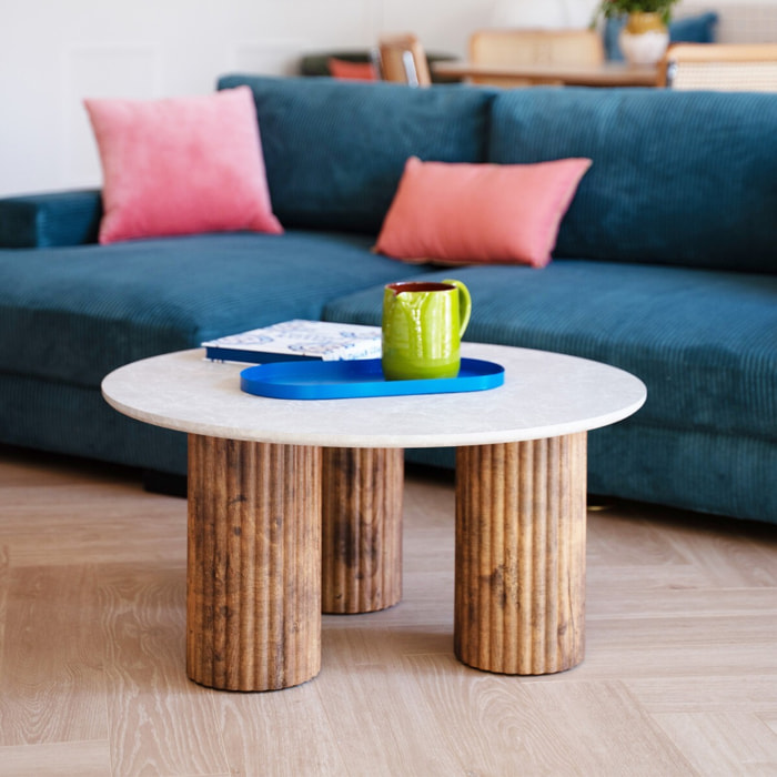 Table basse ronde effet marbre blanc et bois - STONE