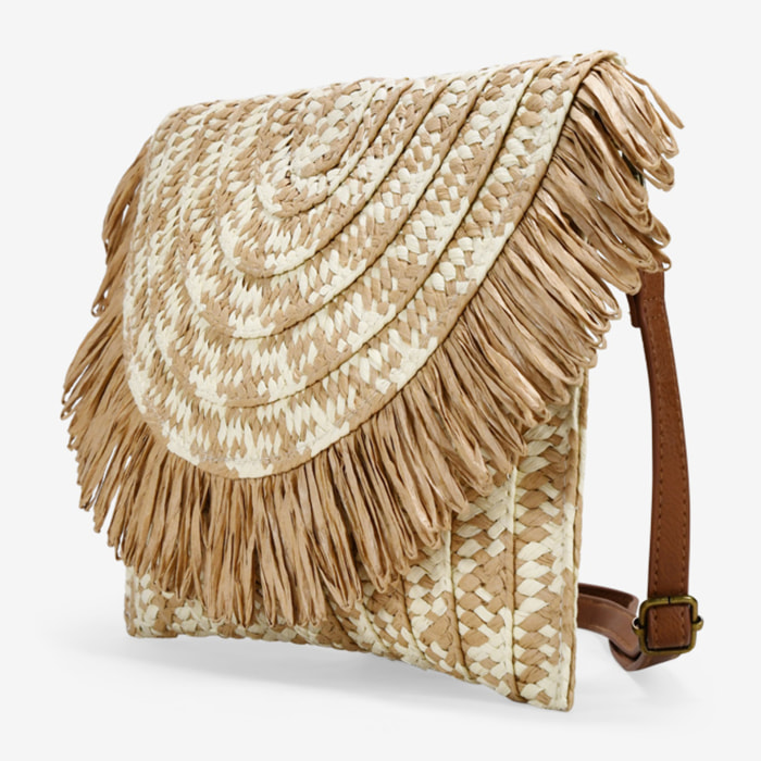 Bolso de mano marrón con solapa y flecos