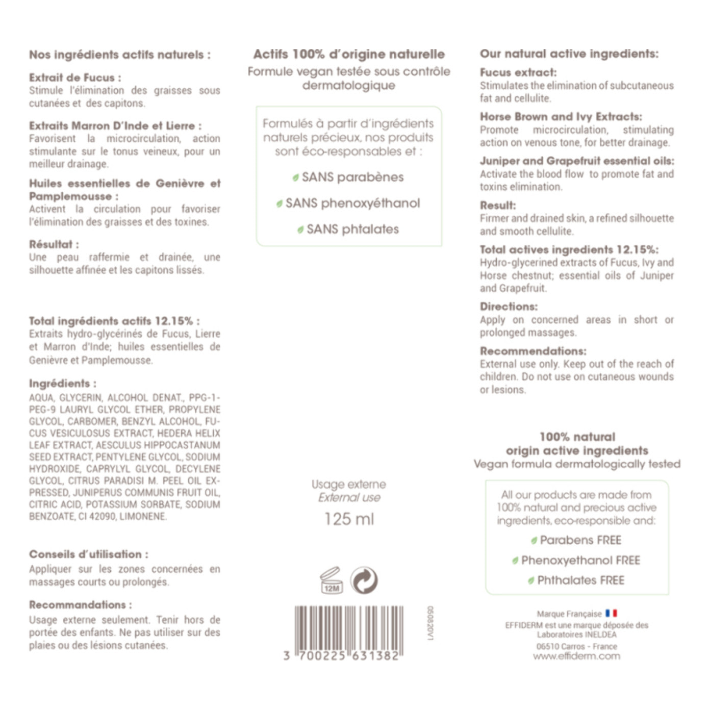 EFFIDERM - Gel Anti Cellulite - Gel Minceur Désinfiltrant - Spécial Hanches, Fesses et Cuisses - 125ml