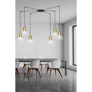 Lampada a sospensione Traker in acciaio nero opaco e oro