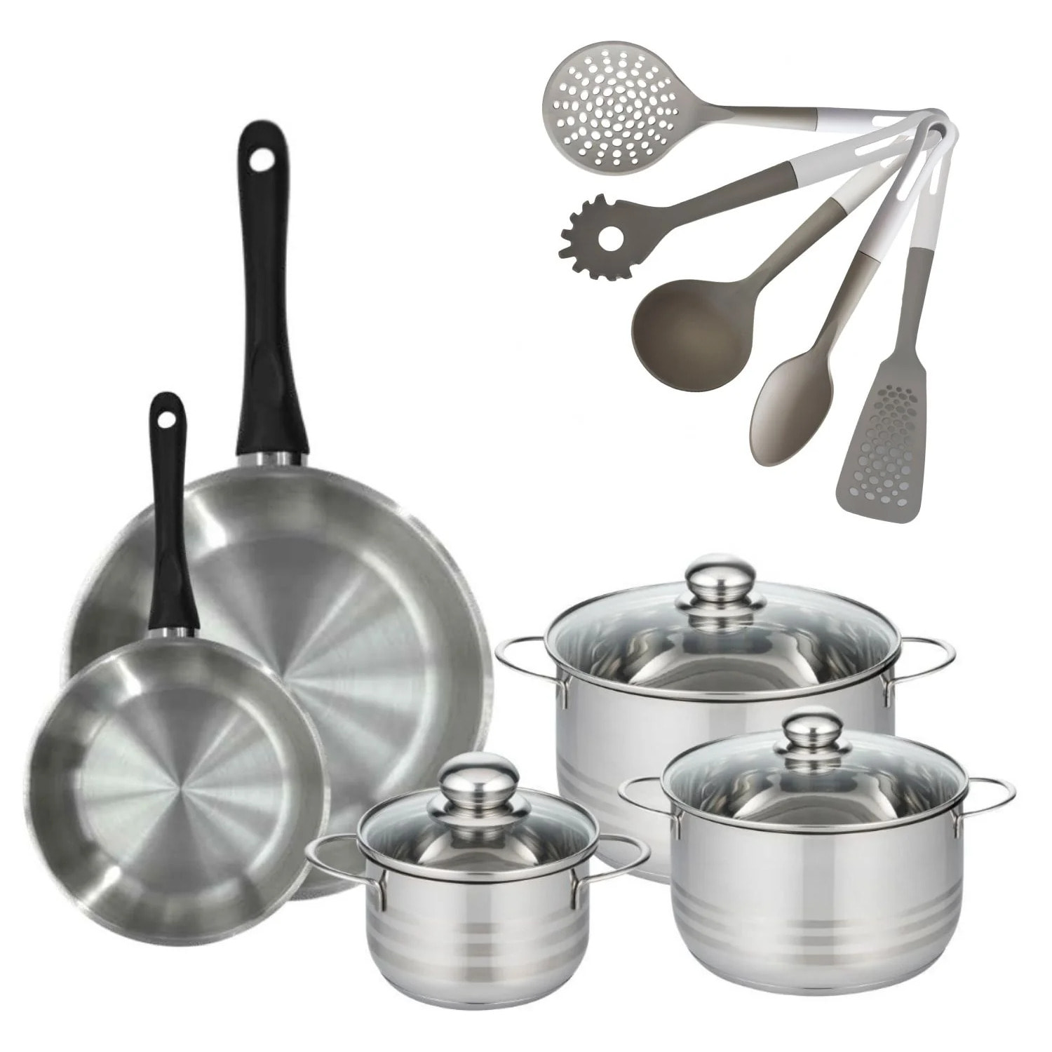 Lot de 2 Poêles Fackelmann Geneva avec 3 Faitouts 16/20/24cm et 5 Ustensiles Vario