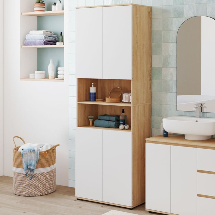 Armoire salle de bain Tom effet hêtre 4 portes blanches