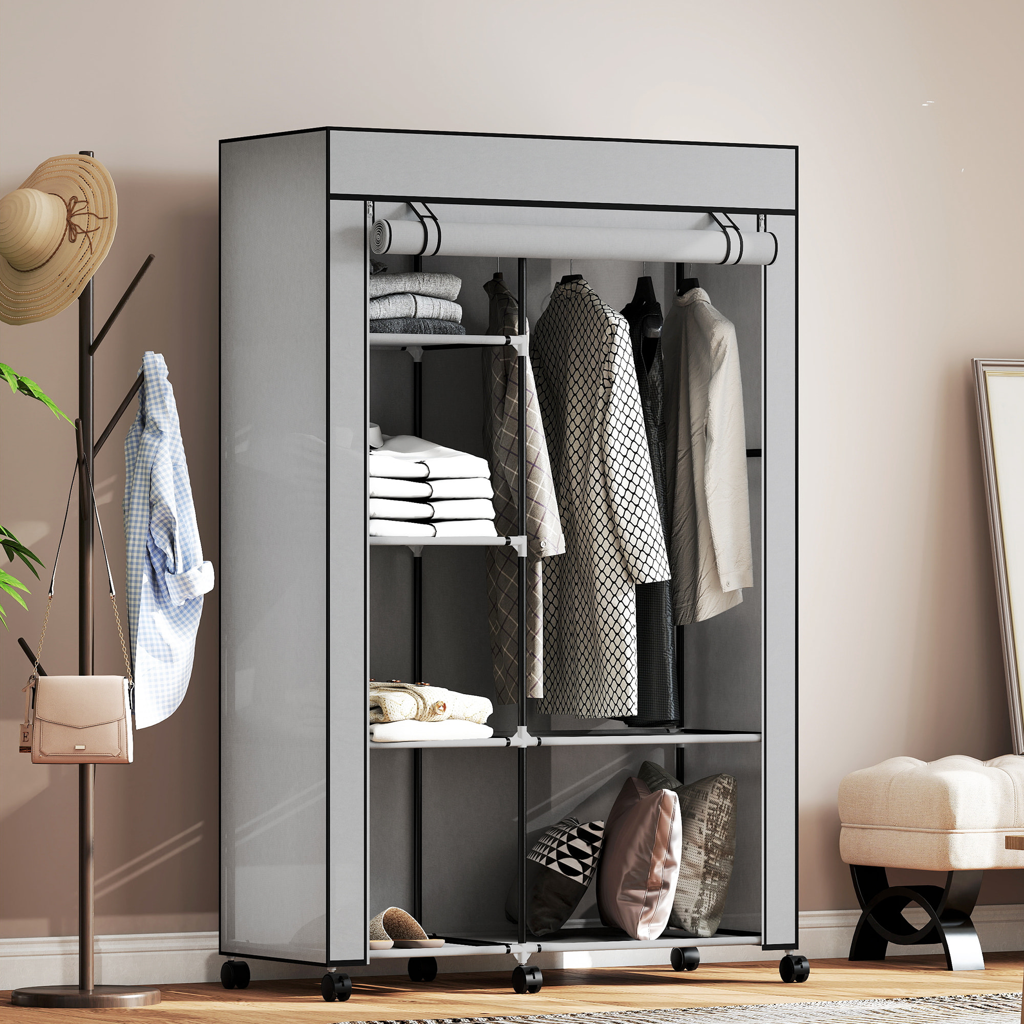 Armoire penderie mobile tissu - 5 étagères, penderie - dim. 103x43x162,5 cm - noir gris