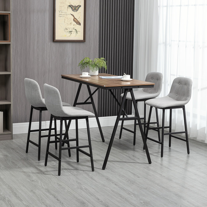 Ensemble table de bar 4 chaises de bar style industriel piètement acier noir plateau effet bois noyer tissu gris clair
