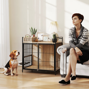 Jaula para Perros Mesa Auxiliar Moderna Casa para Mascotas con Soporte Giratorio con 2 Tazones 2 Puertas y Estante de Almacenamiento Superior para Perros Medianos 80x56x76,5 cm Roble