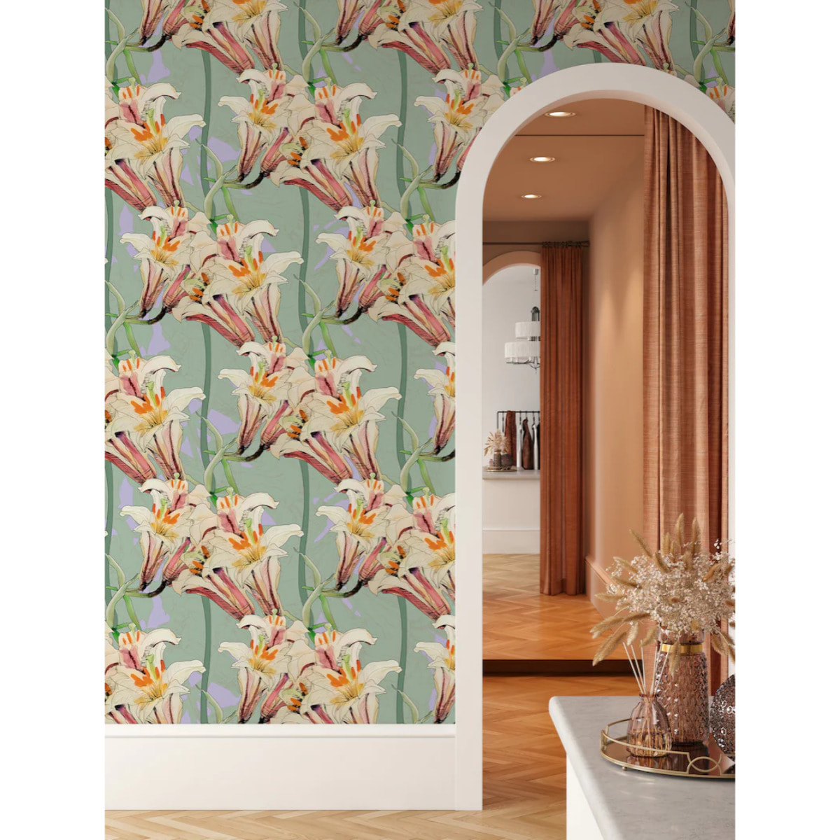 Carta da Parati Gigli Rosa in stile Art Nouveau