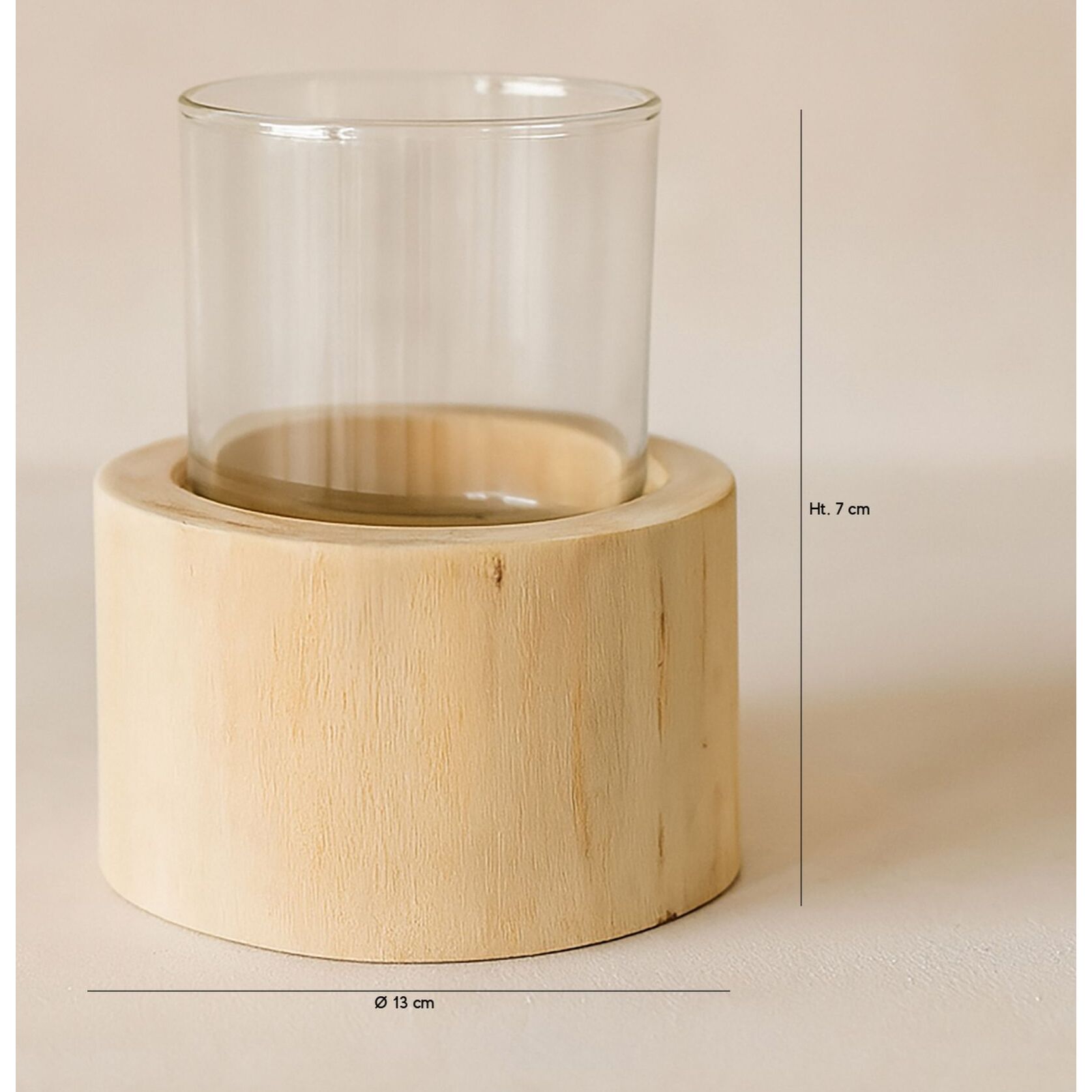 Photophore en verre avec base en teck