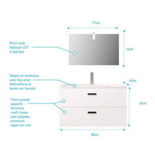 Meuble salle de bains 80 cm 2 Tiroirs Blanc avec Vasque blanche, miroir et applique Led - BOX LED