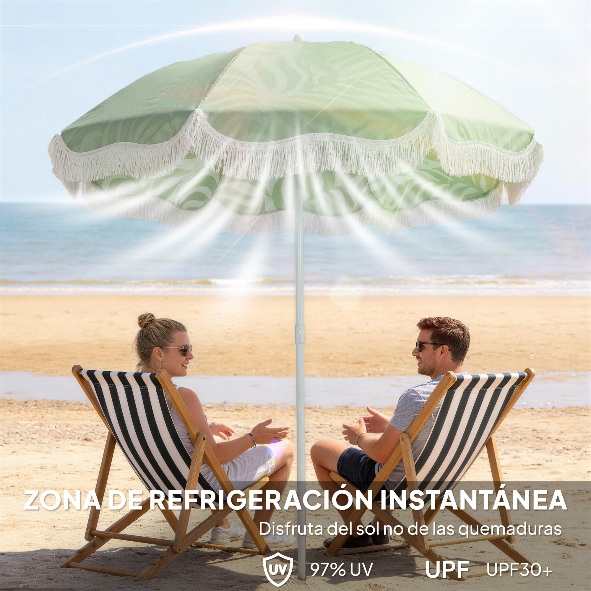 Sombrilla de Playa con Flecos Ø180 cm, Sombrilla de Terraza Exterior con Altura Ajustable, Inclinación, Anclaje Arena y Bolsa de Transporte, UPF30+, Estampado de Hojas, Verde