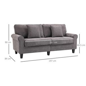 Canapé 3 places dim. 197L x 84P x 90H cm coussin déco. inclus pieds bois massif pin tissu aspect velours côtelé gris