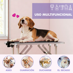 PawHut Mesa de Peluquería Canina Plegable, Mesa de Aseo con Encimera Antideslizante, Brazo de Acero Inoxidable Ajustable, para Perros Pequeños y Medianos, 81x48,5x80 cm, Negro