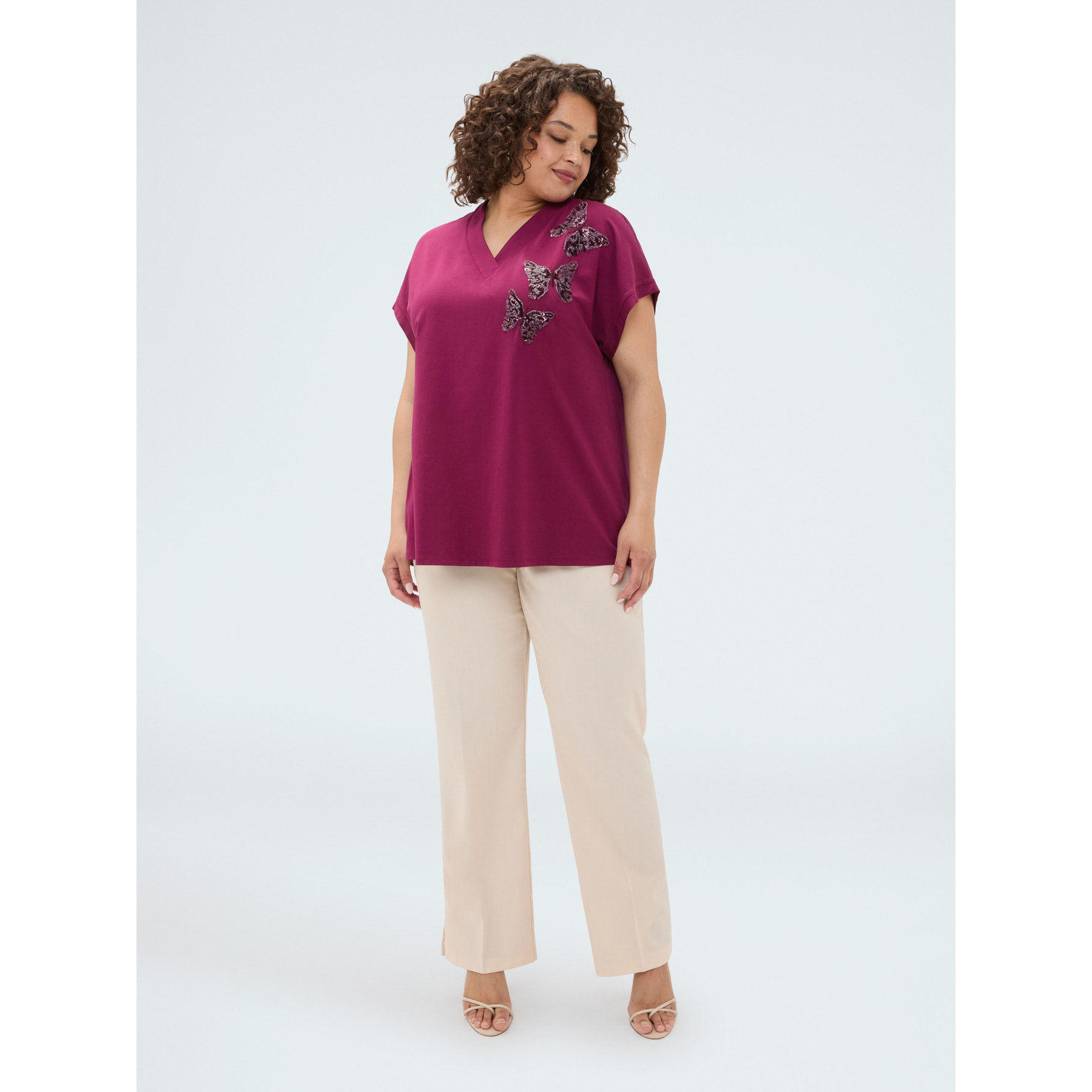 Fiorella Rubino - T-shirt bimaterica con farfalle in paillettes - Bordeaux