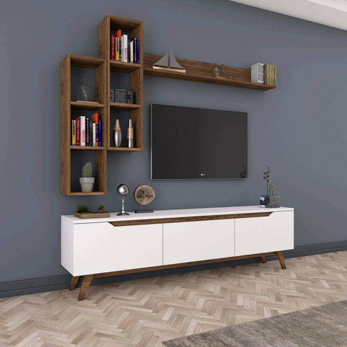 Mobile porta TV Atax, Credenza da soggiorno, Armadio basso per TV, Base parete attrezzata, 180x35h49 cm, Bianco e Noce
