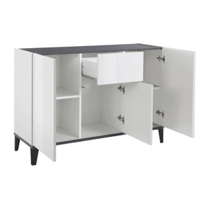 Credenza moderna a 3 ante e 1 cassetto, Made in Italy, Madia da cucina rialzata, Buffet di design da soggiorno, Cm 120x40h82, Bianco lucido e Ardesia