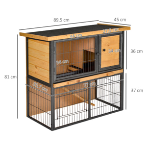 Clapier à lapin cage à lapin 2 niveaux 3 portes verrouillables rampe toit ouvrant bitûmé métal époxy pin pré-huilé