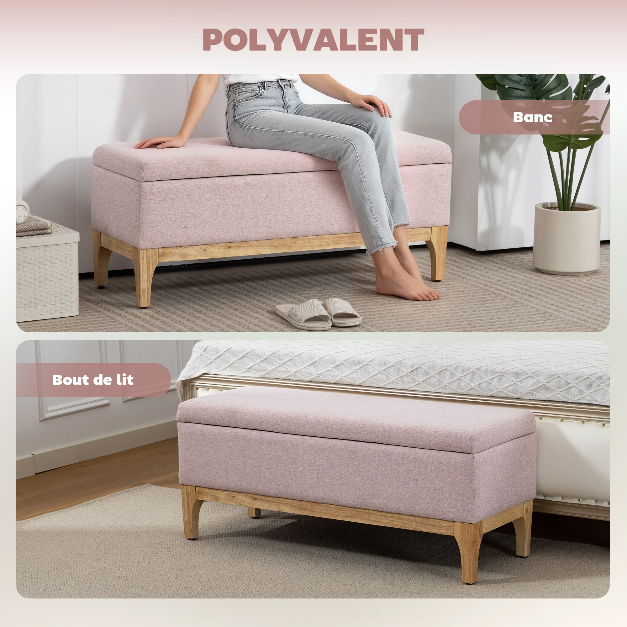 Banquette coffre de rangement 2 en 1 style scandinave dim. 110L x 39l x 45H cm tissu rose