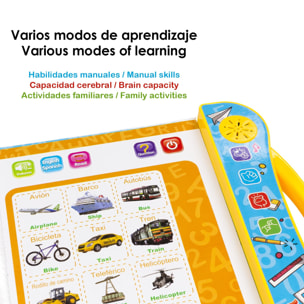 Libro de Estudio, libro electrónico educativo con sonidos, bilingüe en español e inglés. Actividades matemáticas, lengua, creativas.