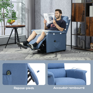 Fauteuil de relaxation électrique télécommande - fauteuil releveur inclinable, repose-pied ajustable - tissu polyester aspect lin bleu