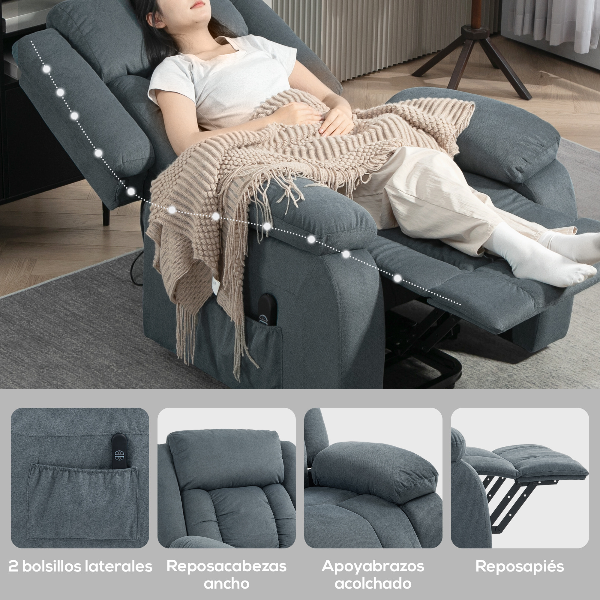 Sillón Relax Reclinable Eléctrico Levanta Personas, con Puerto USB, Sillón Elevador, con Control Remoto, Asiento Ancho, Reposapiés, Tapizado en Terciopelo, Bolsillos Laterales, Gris